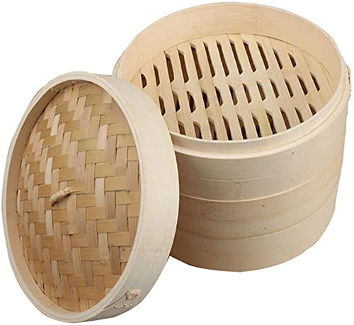 蒸篭 二段 竹蒸し器 (セイロ・付き ふた蒸し器) せいろ蒸し ヘルシ蒸し器、蒸し多用途 餃子 饅頭 点心 家庭用 業務用 竹蒸し器 食卓 料理 (24cm)