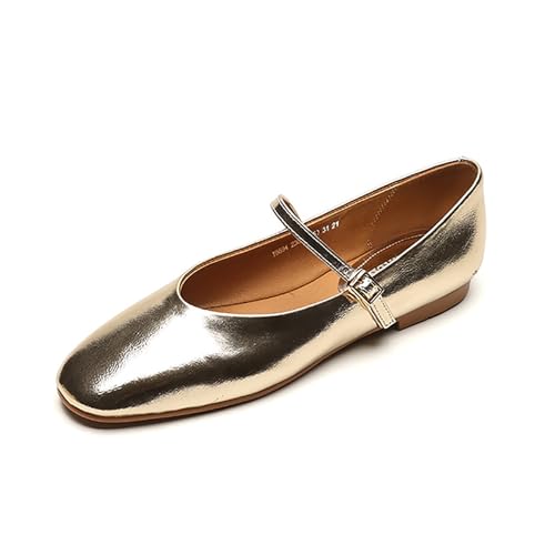 Leather Mary Jane Flats Shoes for Women Closed Round Toe Ballet Flats with Buckle Strap Comfort Walking Work Shoes Gold