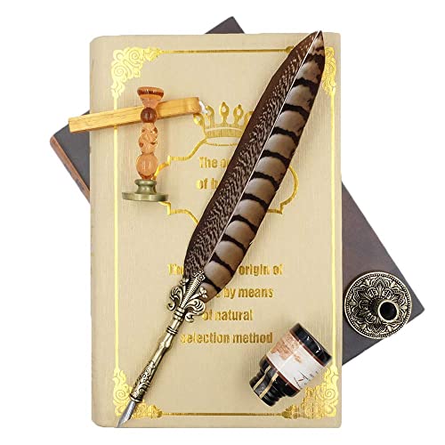Gc Quill Antique Quill Pen Unique Half-Patterned Feather Pen Set With 6 Nibs 1 Bottle Of Ink 1 Seal Stamp 1 Pen Holder 1 Sealing Wax Ll-149 #TOP1