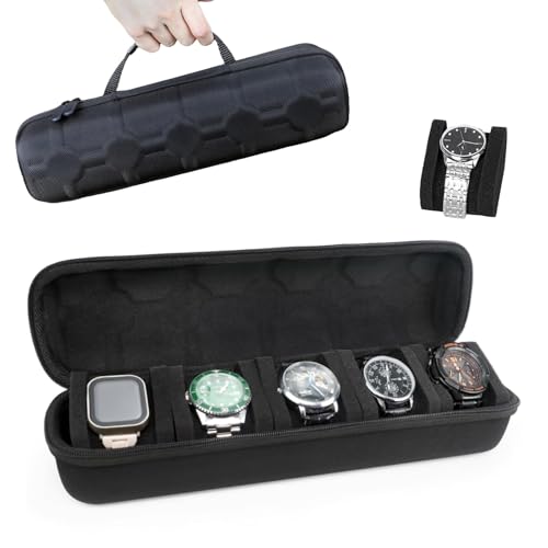 CaiYuanGJ Rouleau de Voyage 5 Montres, Étui de Rangement Portatif avec Poignée - Coque Rigide Anti-Choc et Coussinets en Mousse Douce pour Hommes et Femmes (Noir)