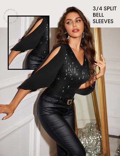 Dressystar Elegant Sequin Tops for Women, V-Neck Long Split Sleeve Blouses for Evening Party, Dressy and Sparkly Bling Shirt4