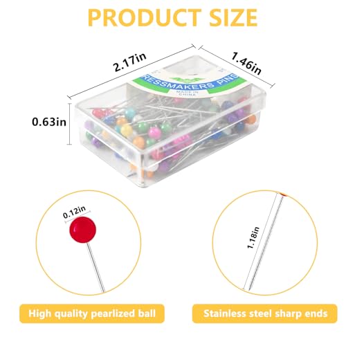 300PCS Sewing Pins for Fabric, Straight Pins with Glass Ball Heads, Multicolor Corsage Stick Pins for Dressmaker