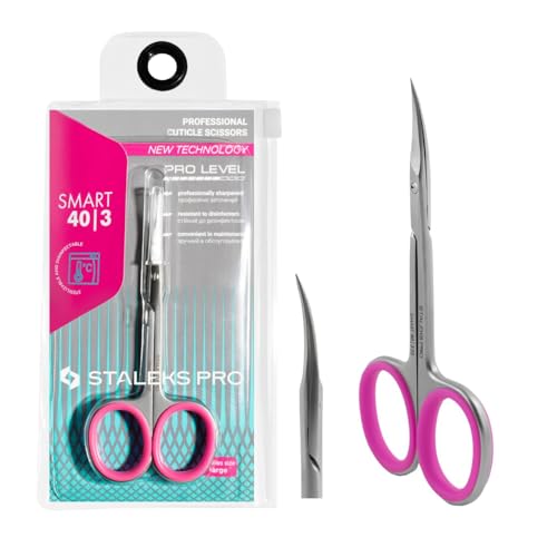 STALEKS PRO - Tijeras profesionales para cutículas, cuchillas con gancho y asas de silicona rosa, afilado manual, Smart SS-40/3