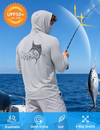 Image of FISHEAL Men's UPF 50+ Sun Protection Fishing Hoodie, Long Sleeve UV Shirts with Mask, Quick Dry Hooded for Outdoor Beach