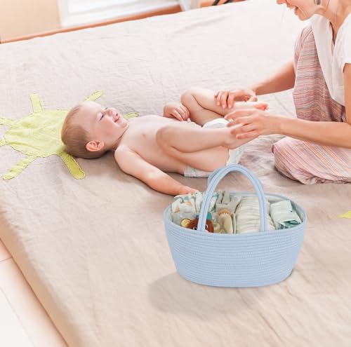 Image of XUANGUO Cotton Rope Baby Diaper Caddy Organizer Basket Sky Blue | Nursery Storage Bin, Portable Baby Tote Bag for Changing Table or Car, Baby Shower Gifts Bag, Newborn Essentials, Registry