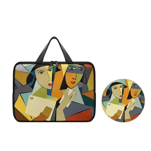 Pablo Picasso-Style Oil Painting Design 2pcs Laptop Bag Round Mouse Pad - PU Computer Bags for Laptops for Women - Modern Figure Mobile Print Lap Top Bag with Handle - Office Bag 15Inches