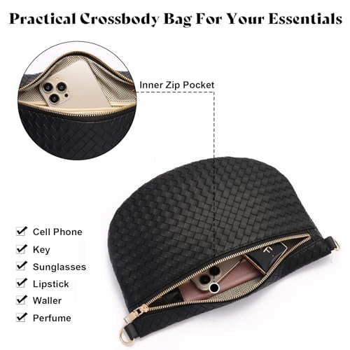 Woven Crossbody Bags for Women Leather Belt Bum Sling Purse Fanny Waist Pack Chest Shoulder Bag for Women-Black3