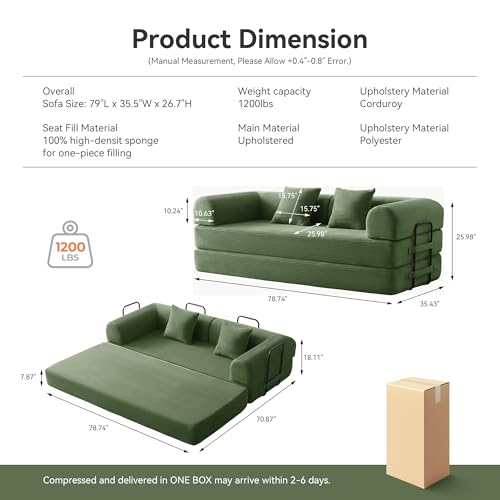 Image of Convertible Floor Sofa Bed with Fixed-Shape Frame, King Size Floor Sleeper 5-in-1 DIY Combination Modular Sofa, Modular Chenille Folding Mattress Couch for Living Room Bedroom Playroom (Green)