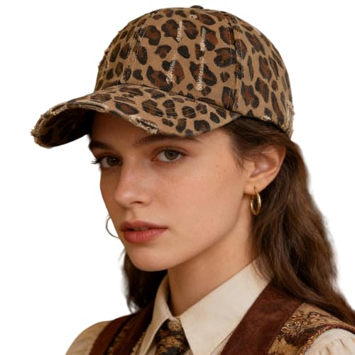 IZUS Distressed Baseball Hats for Women Men Leopard Pattern Trucker Hat Cotton-Scratch-Brim Hip Hop Caps Fashion Dad Cap