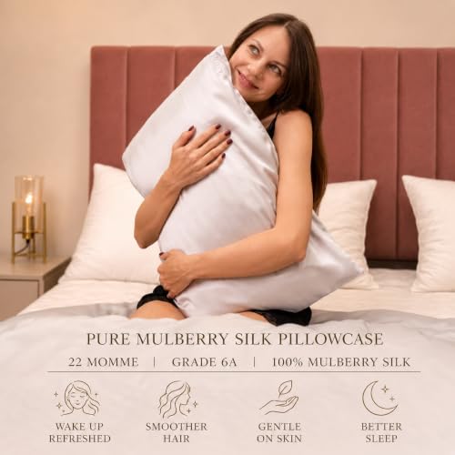 Image of FURBO 100% Pure Mulberry Silk Pillowcase | 22 Momme 6A Grade Silk Pillow Cover for Hair & Skin | Cooling, Breathable, Smooth & Soft | Hidden Zipper Closure | Anti-Frizz (2 Pack, White)