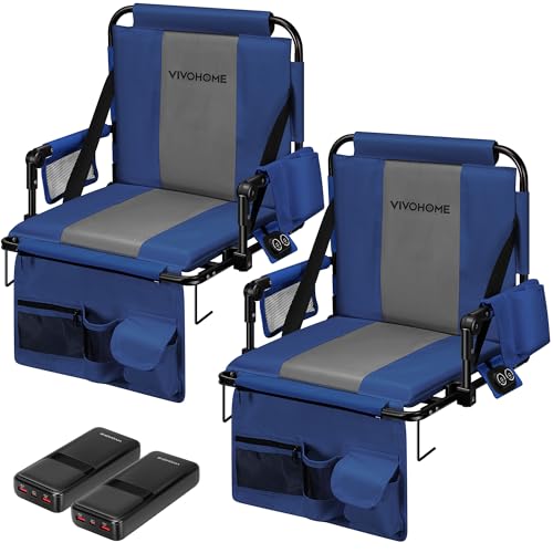 VIVOHOME 35W Padded Heating Stadium Seats with 20000mAh Power Bank, 2 Pack Heated Bleacher Chairs with Back Support, 3 Levels of Heat, Comfortable for Various Sports Events, Navy Blue and Gray