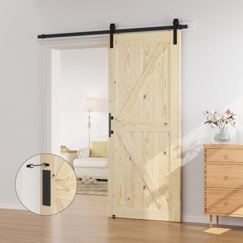 Image of SMARTSTANDARD 36in x 84in Sliding Barn Door with 6.6ft Barn Door Hardware Kit Included, Unfinished Solid Spruce Wood Door, Assembly Required, DIY, Stainable, Natural