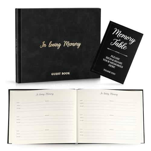 Image of Funeral Guest Book for Memorial Service in Loving Memory Funeral Guest Book with MemoryTable Sign & Back Pocket - Guest Sign in Book for Funeral Service (Black)