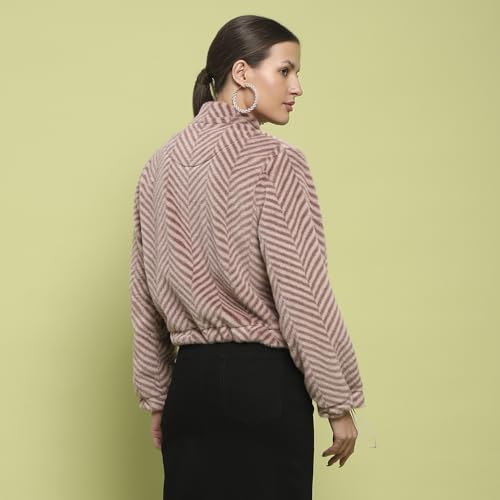 Image of Madame Geometric Pattern Zipped Brown Sweatshirt for Women