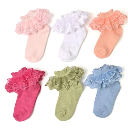 Girls Ruffle Socks Double Lace Frilly Dress Ankle Socks Cotton Turn Cuff Socks for Toddler Little Girls 6Pack