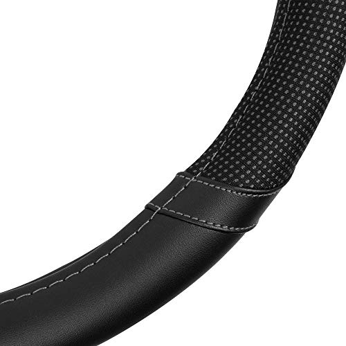 Image of Motor Trend White Steering Wheel Cover - Dotted Comfort Polyester Grip on Stitched Synthetic Leather, White /Black