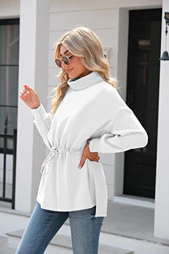 Doshoop Women's Turtleneck Sweatshirts Long Sleeve Pullover Tops Side Slit Tunic Shirts With Drawstring Waist White #TOP3