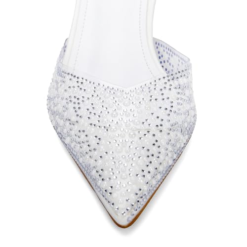 Image of YIYA Women's Clear Slingback Heels with Pearl Studded Pointed Toe Kitten Mid Heels Sparkly Rhinestone Slip On Wedding Party Shoes