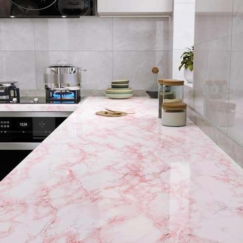 Image of TEKCOOL Wall Stickers DIY Wallpaper Vinyl Marble Wallpaper Peel and Stick Waterproof Wallpapers for Home Kitchen Countertop Cabinet Furniture Oil Proof Kitchen Stickers(Pink-3 pc).;