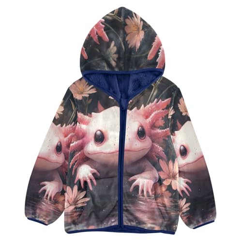 Pink Axolotl with Flowers Toddler Fleece Jacket Girl Boys Hooded Fleece Jacket Coat Warm Outwear Zip-up 3-10T