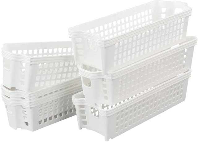 Ponpong Set of 6 White Small Slim Storage Baskets, Plastic Cupboard Organizer Basket