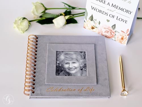 Image of Funeral Guest Book for Memorial or Celebration of Life - Velvet Hardcover with Photo Frame - Includes Pen or Marker and Sign (Gray - Small)