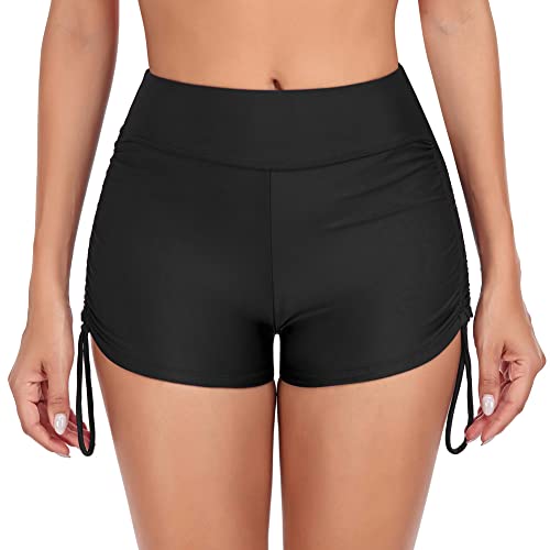 Hilor Pantalones cortos de nataci n para mujer, cintura alta, parte inferior fruncida, lazo lateral, parte inferior de bikini, Negro -, 48 Cover