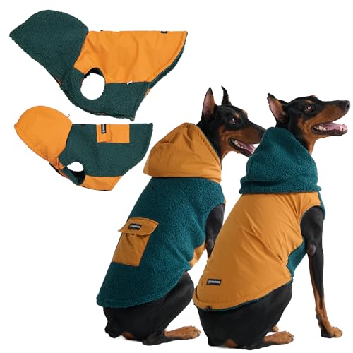 Image of Spark Paws Reversible Dog Hoodie, Sweater for Winter Cold, Warm Clothes for Small Medium Large Breeds - Orange and Green - 3XL