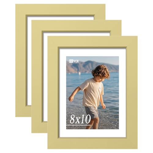 Image of VCK 8x10 Picture Frame Set of 3 - Gold, Wide Border Solid Wood Frame, Display Pictures in Horizontal and Vertical, for Home, Office, Gallery, Woodgrain Series, Wall Hanging