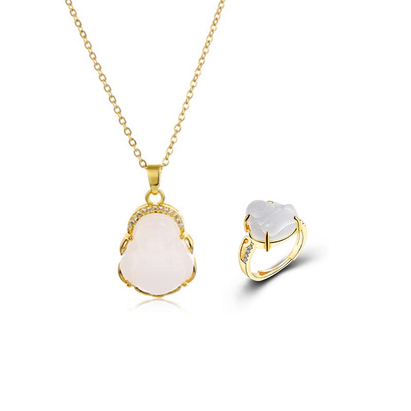 COLORFUL BLING 18k Gold Plated Laughing Buddha Ring Green Jade Cubic Zirconia Gemstone Open Cuff Adjustable Lucky Amulet Jewelry for Women Men