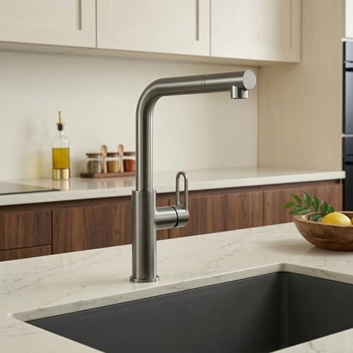 Image of INART Luxury Pull-Out Kitchen Faucet - Brass Mixer Tap with Dual Flow Modes, 360 Rotation & Hot /Cold Water Control | Gun Grey