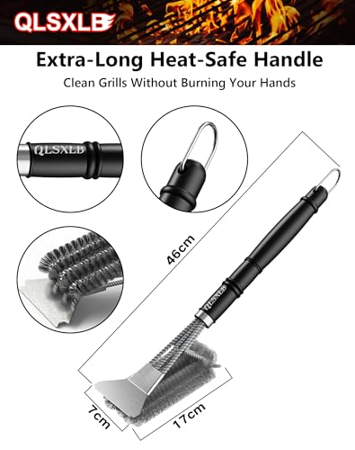 QLSXLB Grillbürste, Edelstahl Bürste Grill, Grillrost Bürste mit Schaber, Grill Reinigungsbürste Langer Griff, Drahtbürste für Gasgrill, Holzkohlegrill und Elektrogrill