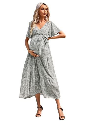 FUNJULY Vestido de maternidad para mujer, con cuello en V, manga abombada, plisado, para baby shower o uso casual, Verde oscuro floral, X-Large