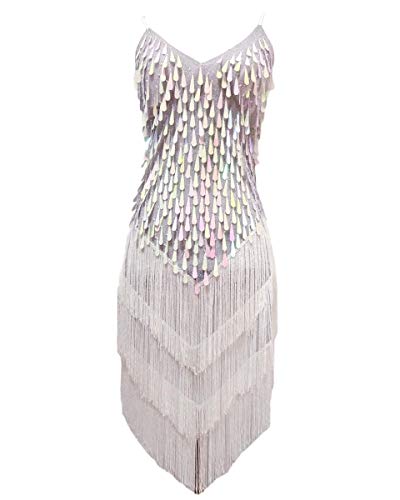 Robe de tango blanche de style Gatsby avec franges et sequins brodés