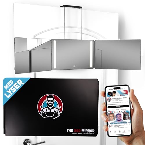 360 LED-spegel - reseversion med justerbara teleskopkrokar, perfekt spegel för självklippning av hår för män - 3-vägs spegel för hårklippning - spegel för att klippa ditt eget hår