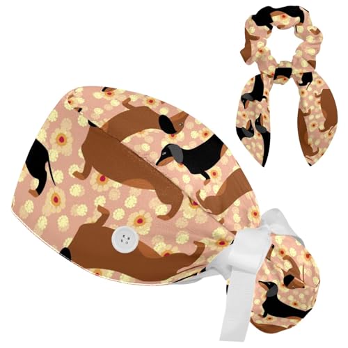 Pugs Puppies Dog Working Cap with Buttons, Adjustable Surgical Scrub Cap with Bow Hair Scrunchy, Dachshunds Floral, M Pugs Puppies Dog Working Cap with Buttons, Adjustable Surgical Scrub Cap with Bow Hair Scrunchy, Dachshunds Floral, M