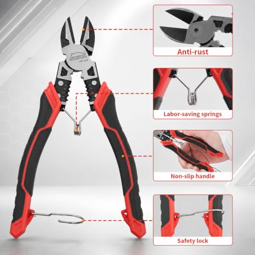 Image of Side Cutters, 7-1 /2 Inch, Wire Cutters Heavy Duty | Spring Loaded with Safety Lock, Wire Stripper and Crimper, 3-in-1 Diagonal Cutters for Cutting, Crimping, and Stripping