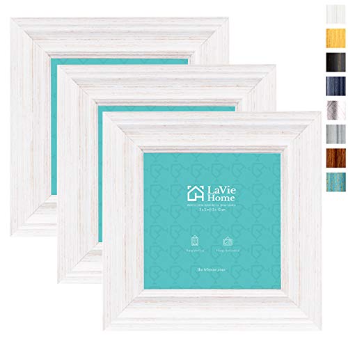 LaVie Home Portarretratos de 5 x 5 pulgadas (paquete de 3, grano de madera blanca envejecida), juego de marcos de fotos rústicos con vidrio de alta definición para montaje en pared y exhibición de