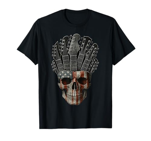 Image of American Flag Skull Guitar T-Shirt Rock Music Guitar Player T-Shirt