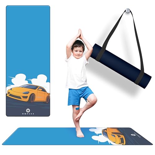 Omflex Kids Yoga Mat with Carrying Strap 60x24 Non-Slip Premium Exercise Mat for Kids 3mm Thick Non-Toxic PVC-Free Play Mat for Children Dolphin Car & Supergirl Designs (Car)