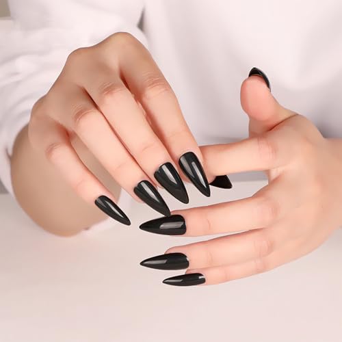NICENEEDED 24 Uds Uñas Postizas de Almendra Negra, Prensa Larga Sobre Uñas Uñas Postizas Brillantes Color Sólido, Uñas Acrilicas