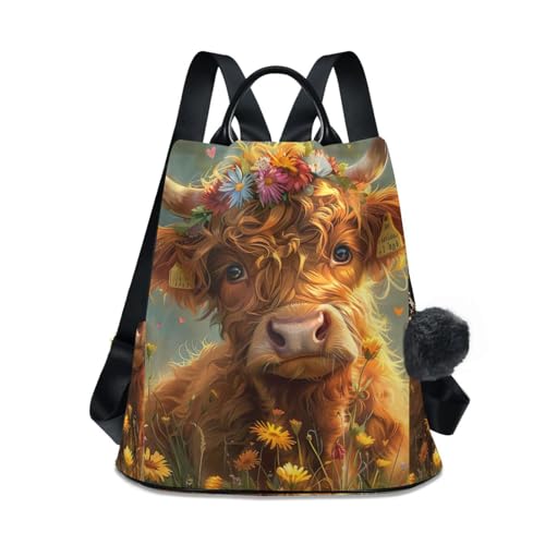 Sac à dos randonnée femme mignon style floral et vache Highland pour camping et grand air