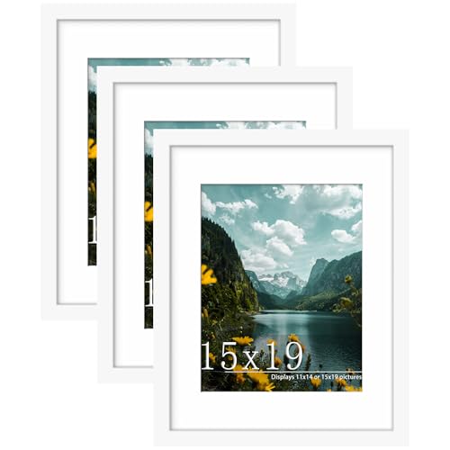 Picrit 15x19 Picture Frame 3 Pack, White Poster Frame, Display Poster 11 x 14 with Mat or 15 x 19 without Mat for Horizontal or Vertical Wall Mounting