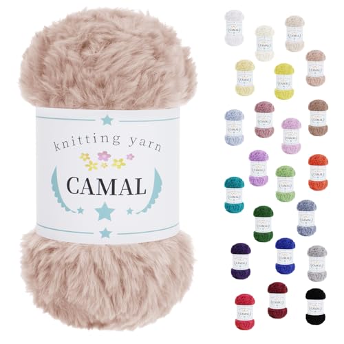 CAMAL Soft Faux Fur Yarn for Crocheting Blanket, 65 Yards Chunky Eyelash Yarn for Knitting Hats, 100 Grams Fuzzy Velvet Crochet Thread for Dolls, Earmuffs, Bags (Light Brown)