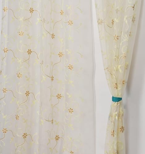 Image of Fabrilia Floral Pattern Embroidery Tissue Net Sheer Transparent Curtains for Window 5 feet Long Set of 2, White