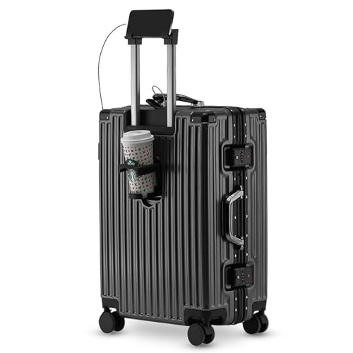 Carry-on with Cup Holder & USB Port Carry on Luggage Durable Luggage Suitcase Lightweight Hardside Luggage with TSA lock & Phone Holder 360° double spinner Wheels (Black=20lnch, 20lnch)