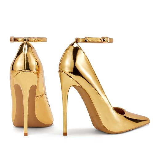 Elisabet Tang Women's Pumps Closed Pointed Toe Heels with Ankle Strap Slip on Stiletto High Heels 5 Inch for Wedding Party Sexy Dress Shoes4