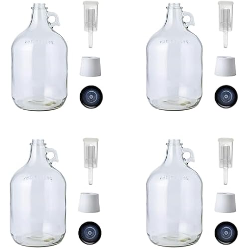 1 Gallon Glass Jug 4 Pack with Airlocks, Bungs and Polyseal Caps | Homebrew