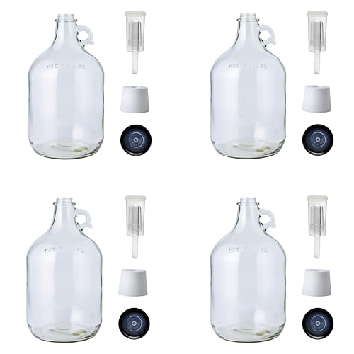 FastRack 4-Pack 1G Clear Glass Jugs with Polyseal Caps, 6.5G Rubber Bungs & 3-Piece Airlocks – Fermentation Jars for Home Brewing, Glass Fermenter Containers for Liquid Fermentation