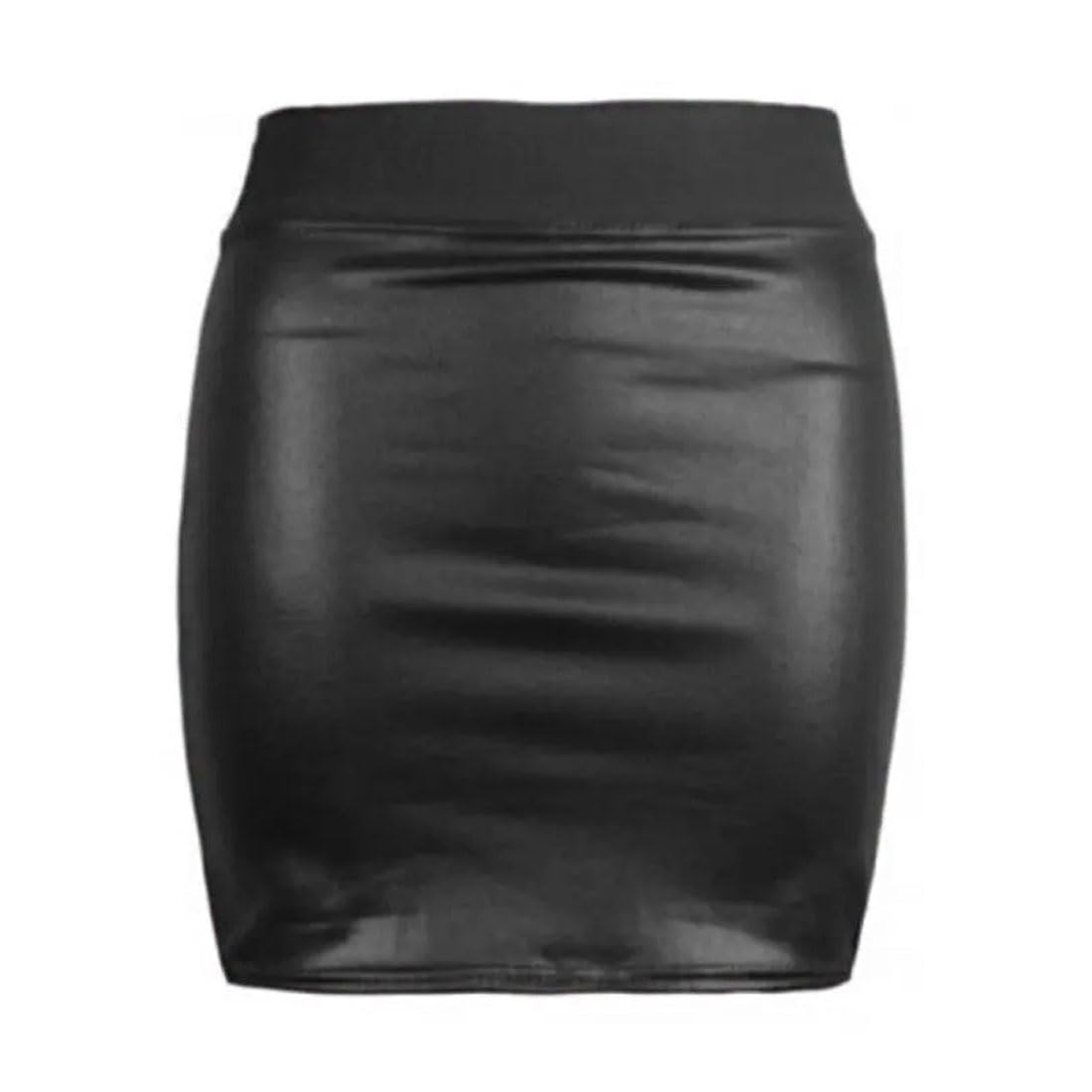 Fashion 7Star Women's Black Pvc Faux Leather Sexy Clubwear Pencil Mini Skirt Wet Look Stretchy Shiny Elasticated Waist Short Bodycon Skirt